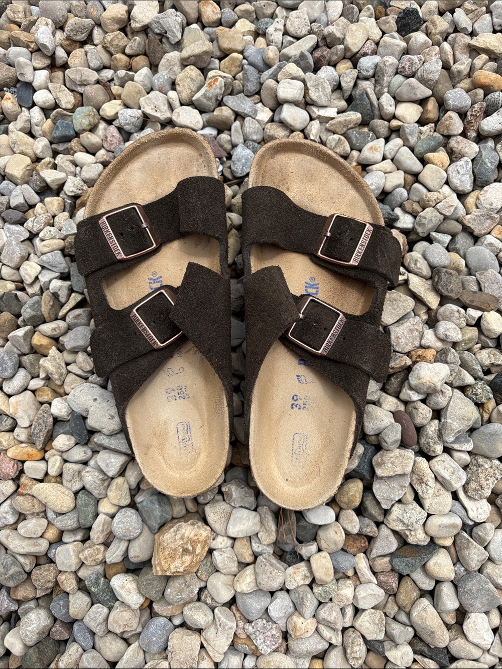 Birkenstock Brown Suede Two-Strap Sandals with Buckles